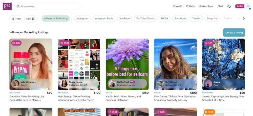 IZEA dashboard for finding influencers to collaborate with